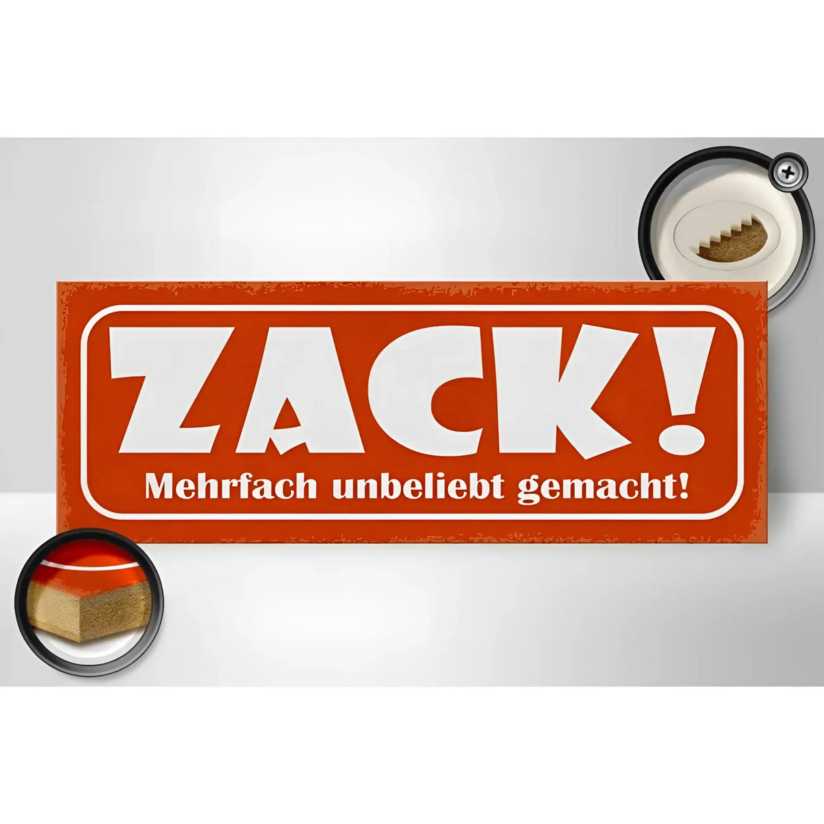 Oranges rechteckiges holzschild aus metall mit weißem zack text und kleinem deutschem spruch darunter 27x10cm
