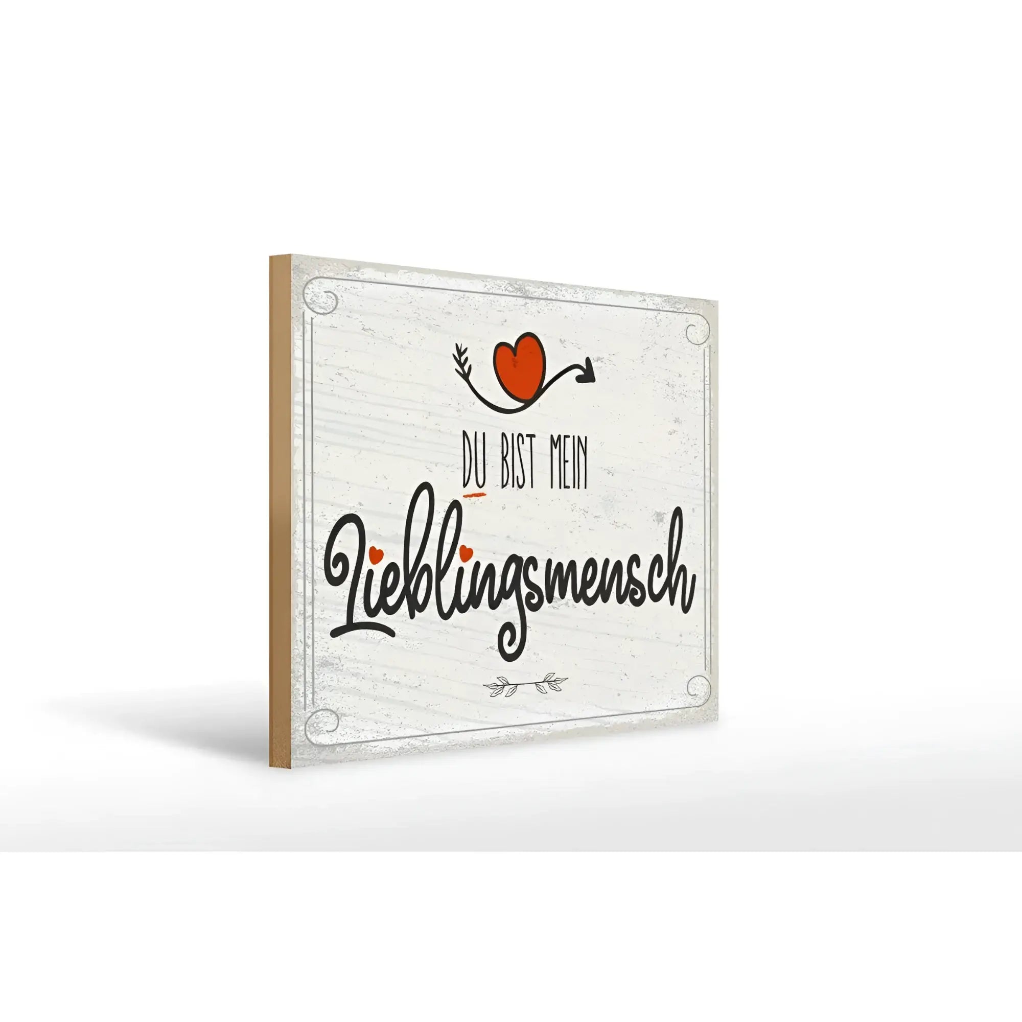 Weißes holzschild 30x40cm mit schwarzem kalligraphischem text du bist mein lieblingsmensch und orangem herz