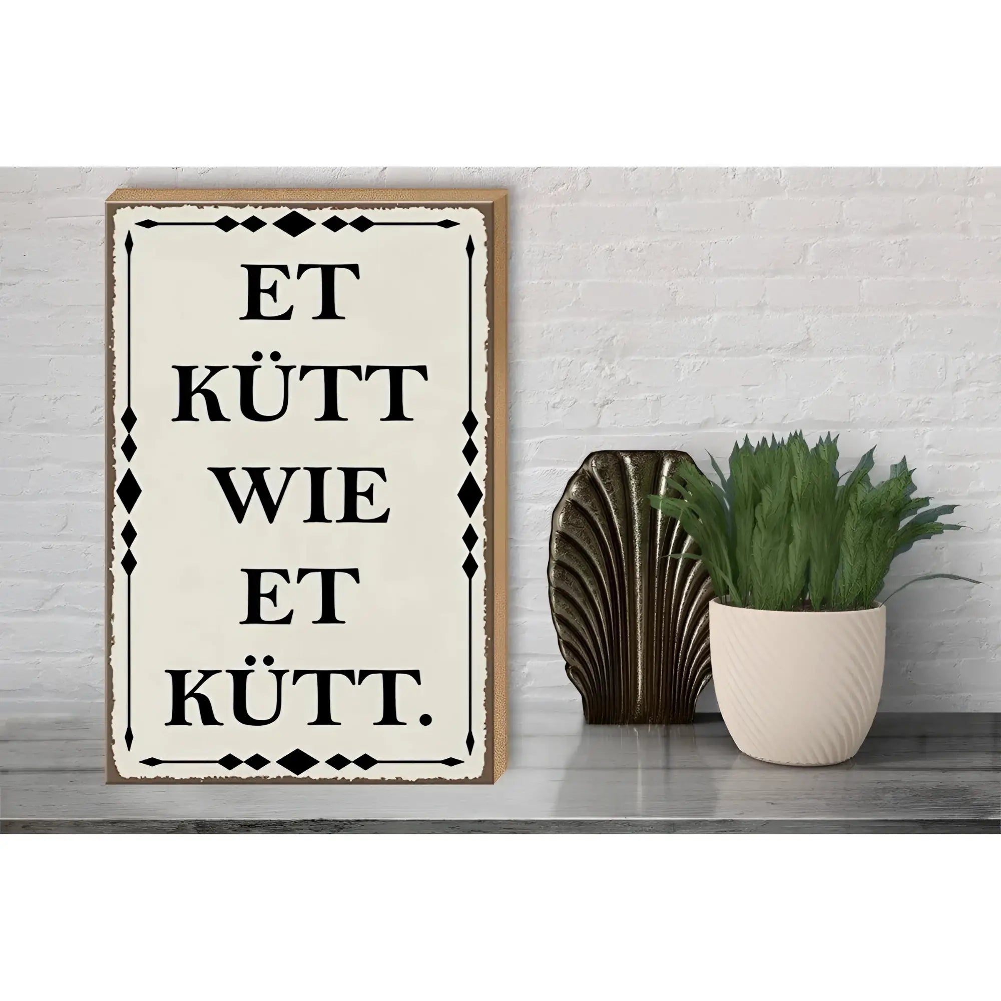 Ein holzschild spruch 30x40cm mit schwarzem text auf cremehintergrund und diamantmuster in hellholzrahmen