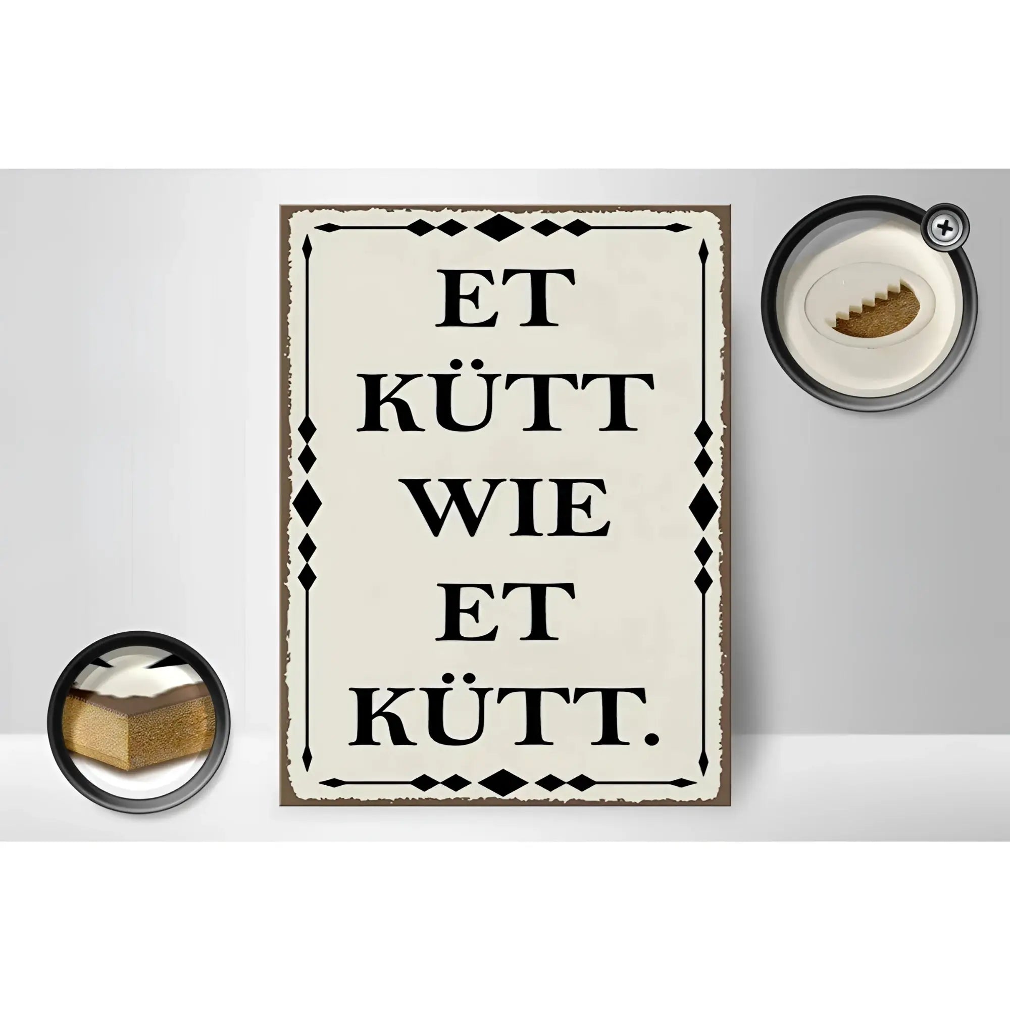 Vintage holzschild spruch 30x40cm mit cream hintergrund schwarzem rahmen und schwarzem text et kütt wie et kütt