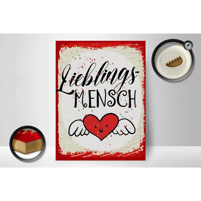 Rotes rahmen leinwandbild holzschild 30x40cm mit lieblingsmensch schriftzug und fliegendem herzengel