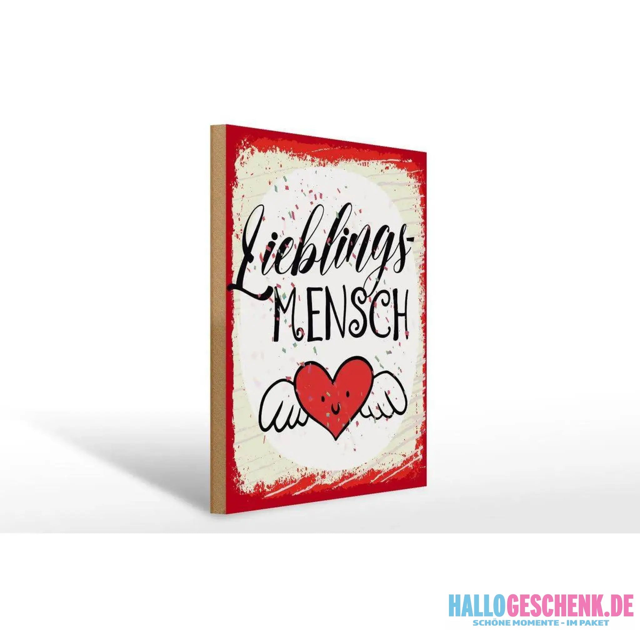Holzschild Spruch 30x40cm Lieblingsmensch Herz Engel rot