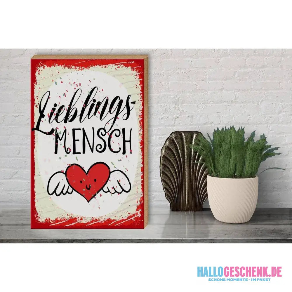 Holzschild Spruch 30x40cm Lieblingsmensch Herz Engel rot
