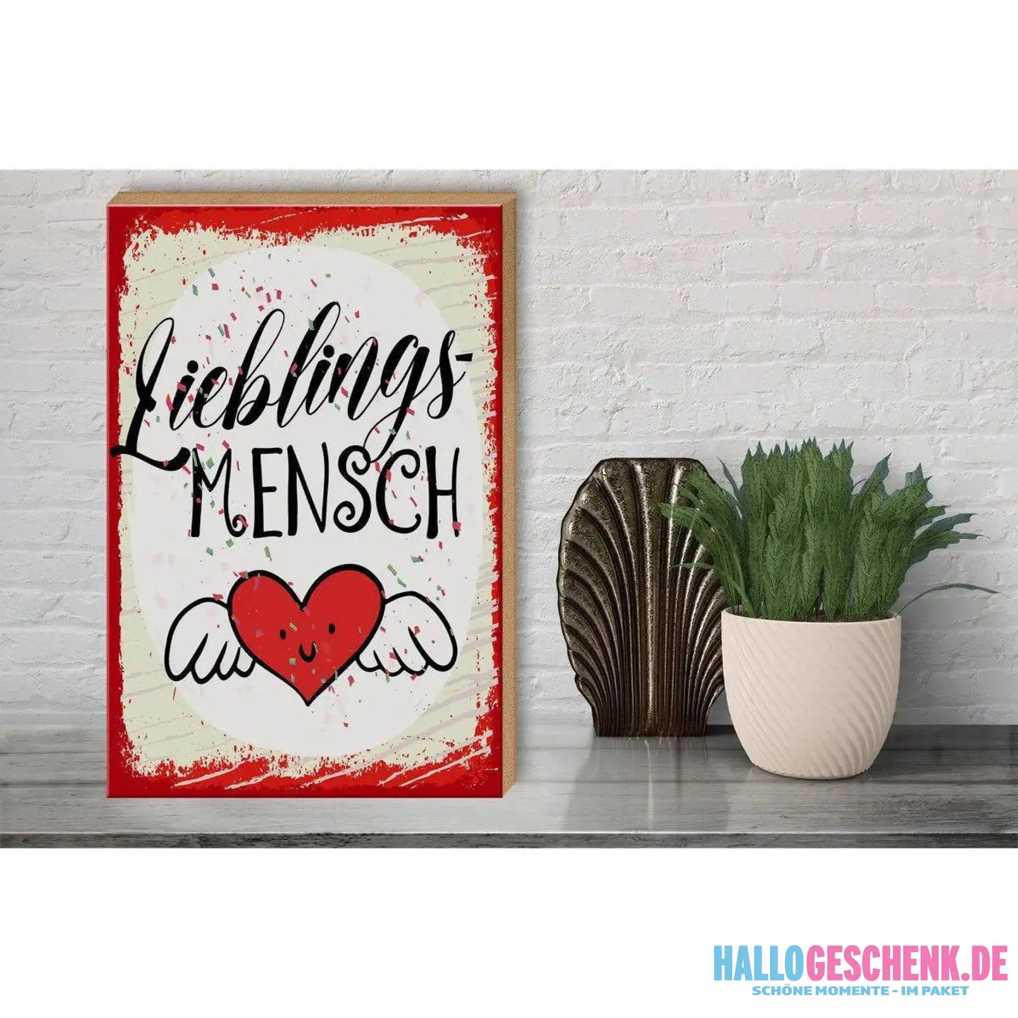 Holzschild Spruch 30x40cm Lieblingsmensch Herz Engel rot