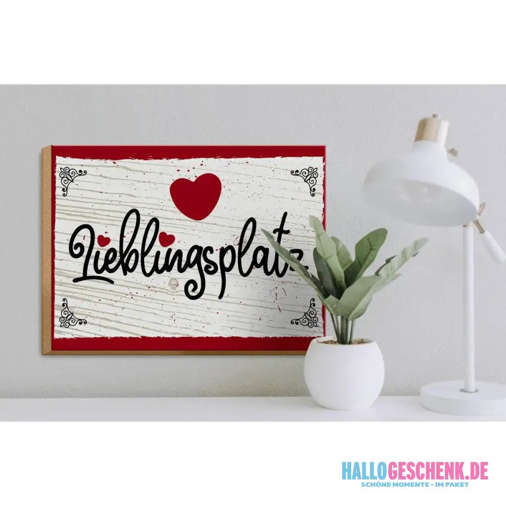 Holzschild Spruch 30x40cm Lieblingsplatz Herz rot