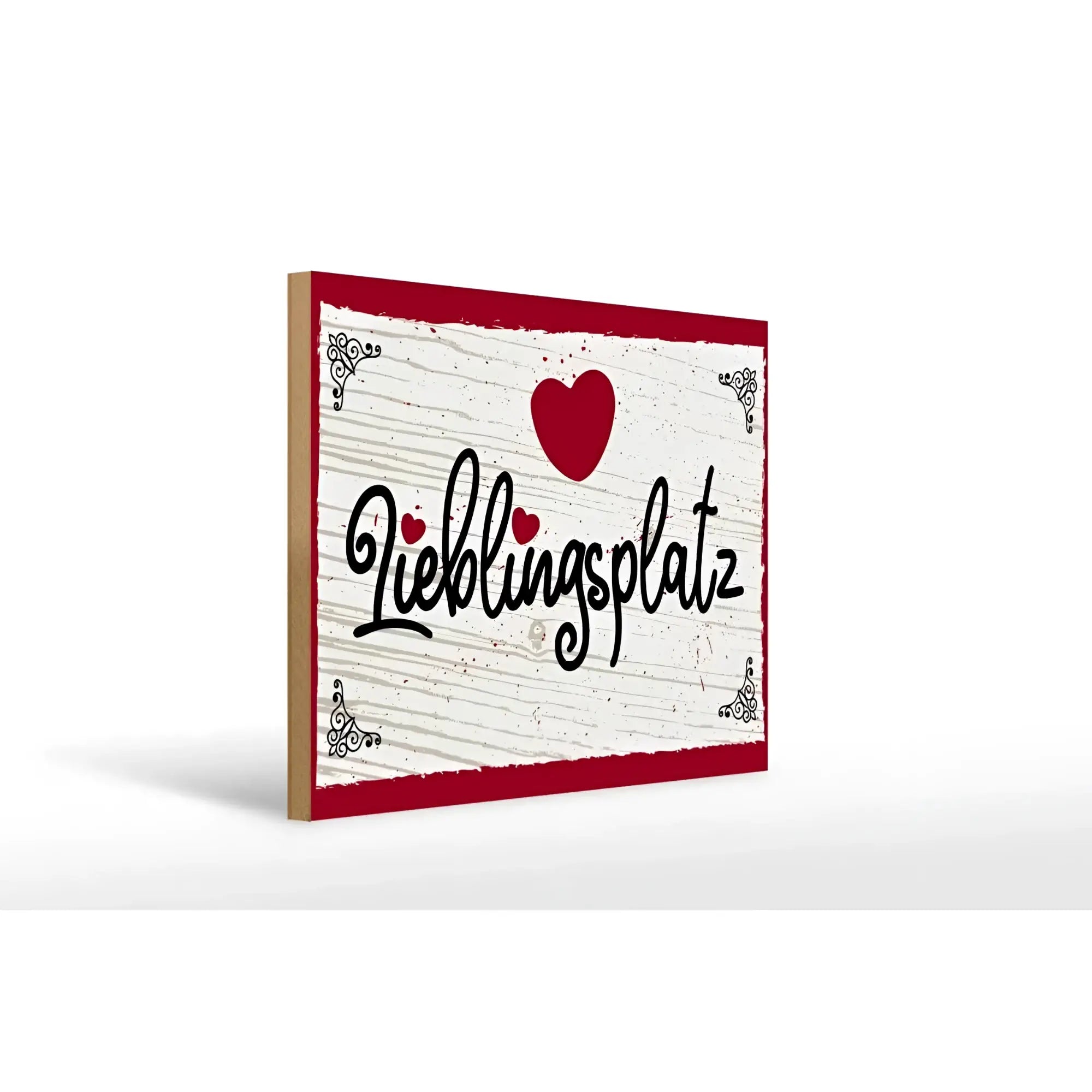 Rotes und weißes holzschild 30x40cm mit schwarzem lieblingsplatz schriftzug und rotem herz in der mitte
