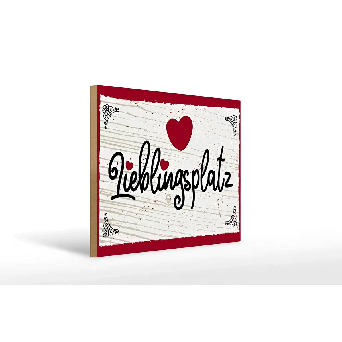 Rotes und weißes holzschild 30x40cm mit schwarzem lieblingsplatz schriftzug und rotem herz in der mitte