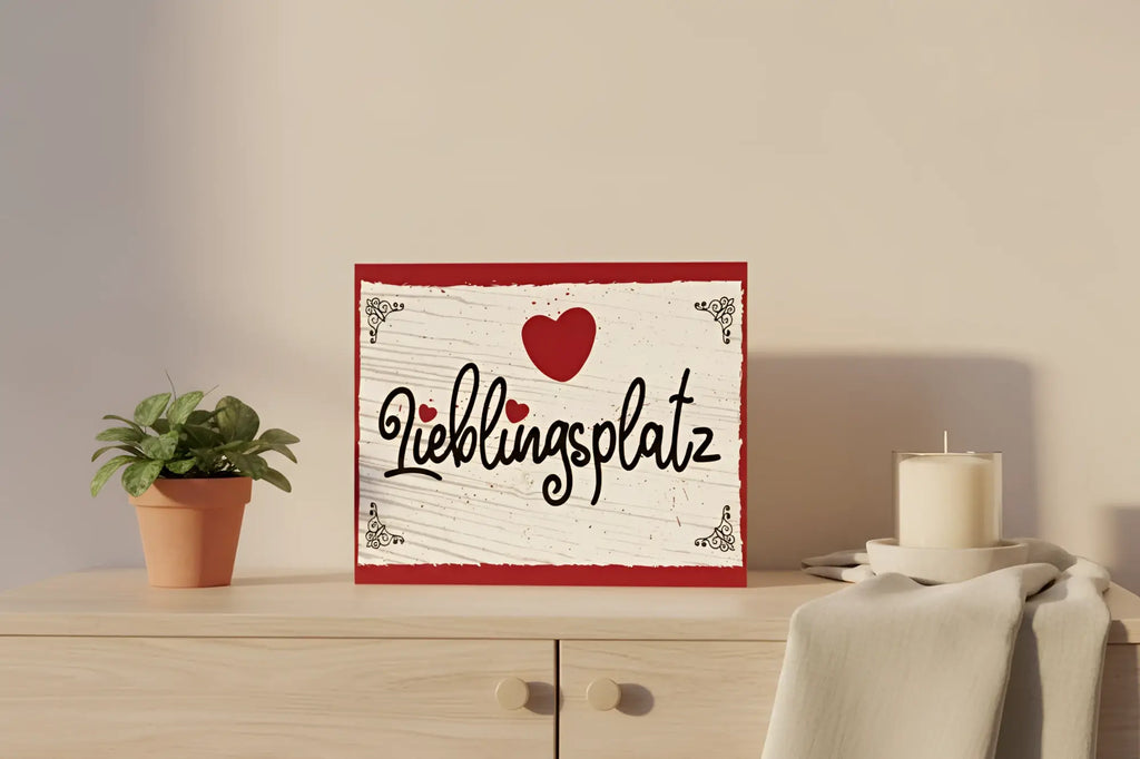 Rechteckiges holzschild 30x40cm mit weißem distressed hintergrund rotem rahmen und schwarzem lieblingsplatz text über rotem herz
