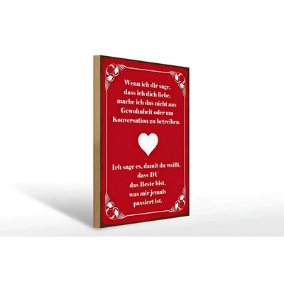 Rotes rechteckiges holzschild 30x40cm mit weißem rahmen herz und romantischem spruch in klarer schrift