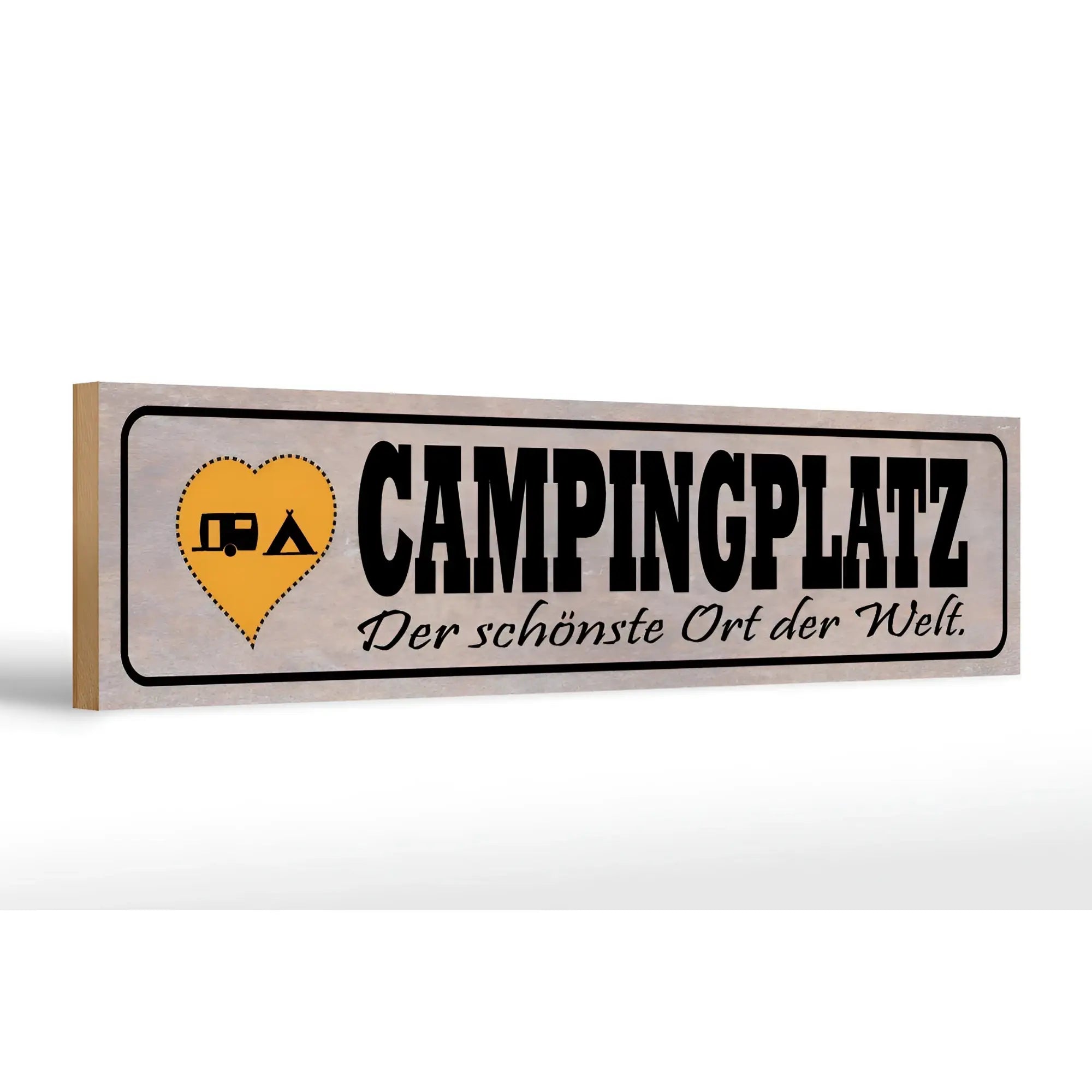 Ein rustikales beiges holzschild 46x10 cm mit schwarzer schrift campingplatz und gelbem herz mit wohnwagen und zelt