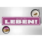 Holzschild 46x10cm in lila mit weißem schriftzug genieße dein leben und dekorativem rand