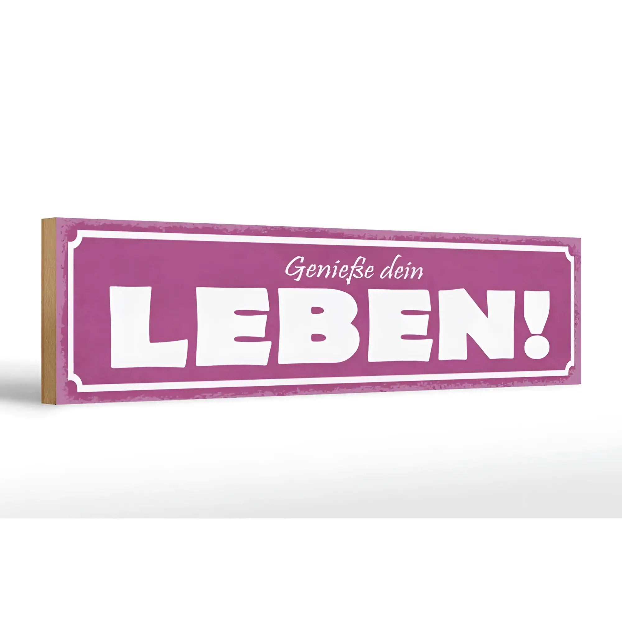 Lila rechteckiges holzschild 46x10cm mit weißer dekorativer schrift genieße dein leben zur wohnungsdeko