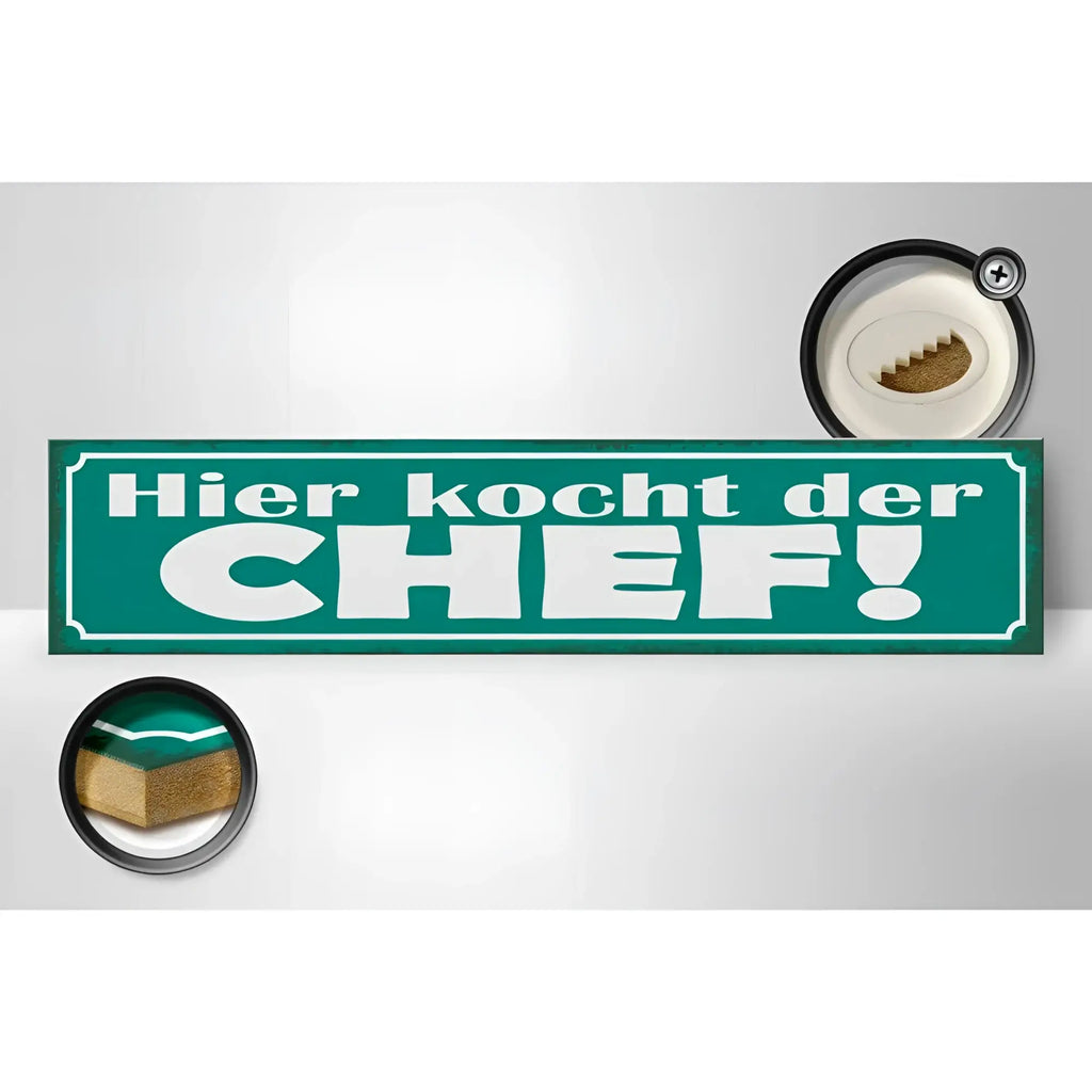Grünes holzschild 46x10cm mit weißer schrift hier kocht der chef und dekorativem rand für küche