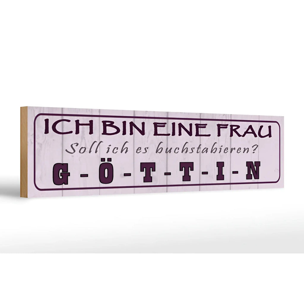 Rechteckiges holzschild 46x10cm mit rosa marmor hintergrund und lila schrift ich bin eine frau göttin deko