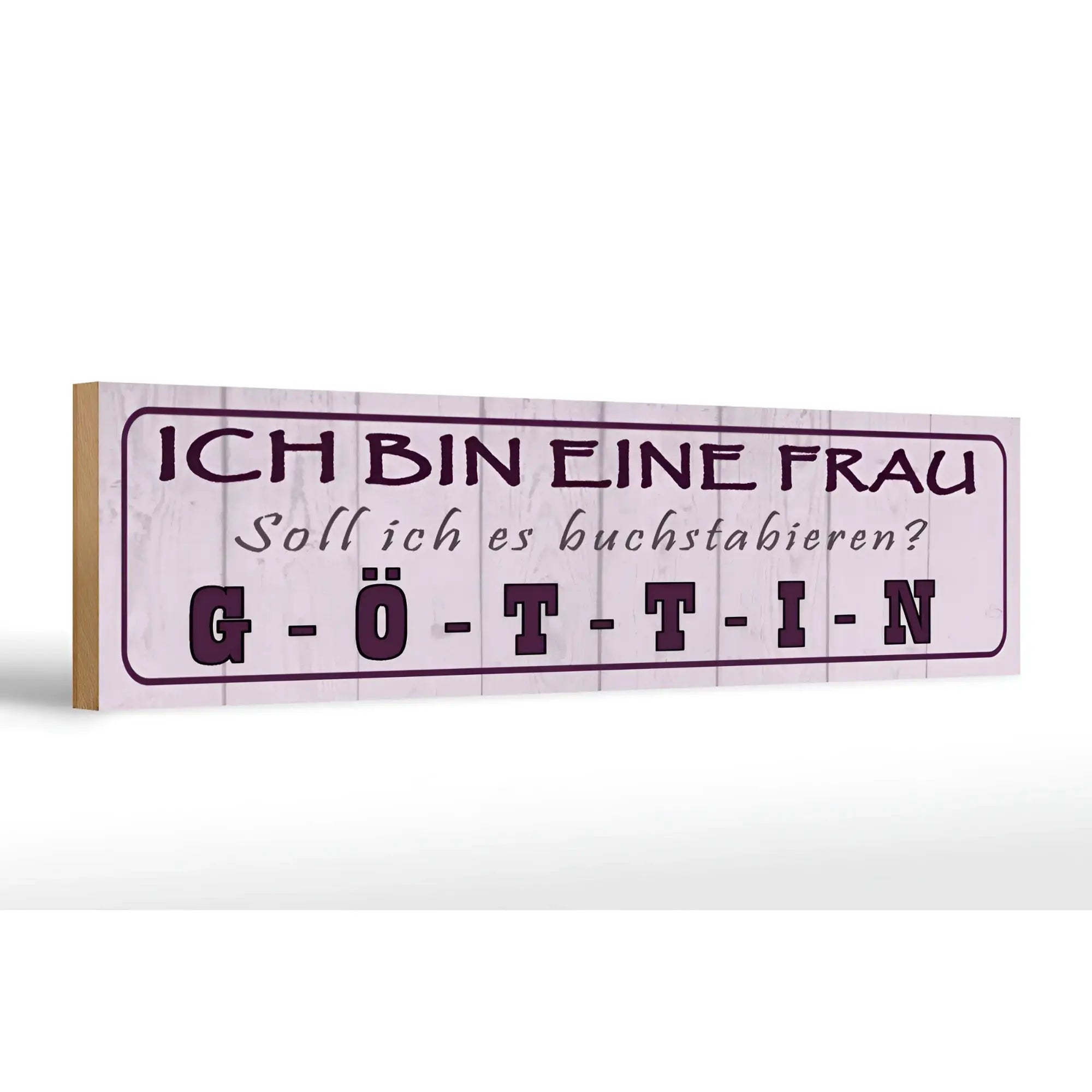 Rechteckiges holzschild 46x10cm mit rosa marmor hintergrund und lila schrift ich bin eine frau göttin deko