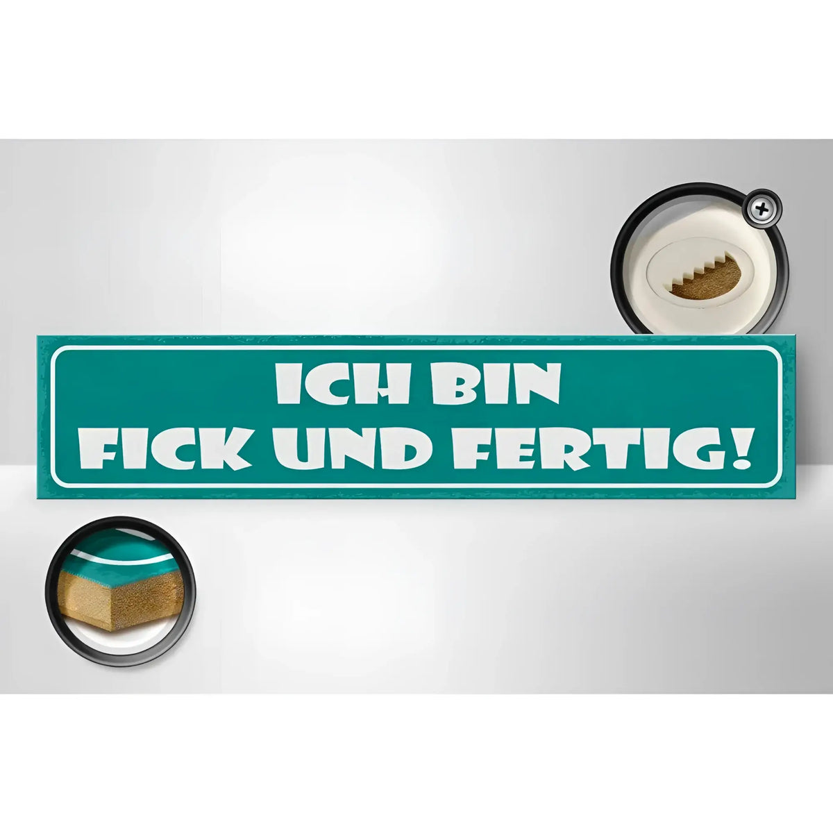 Petrolfarben holzschild 46x10cm mit weißem spruch ich bin fick und fertig und dezent strukturierter oberfläche zur dekoration