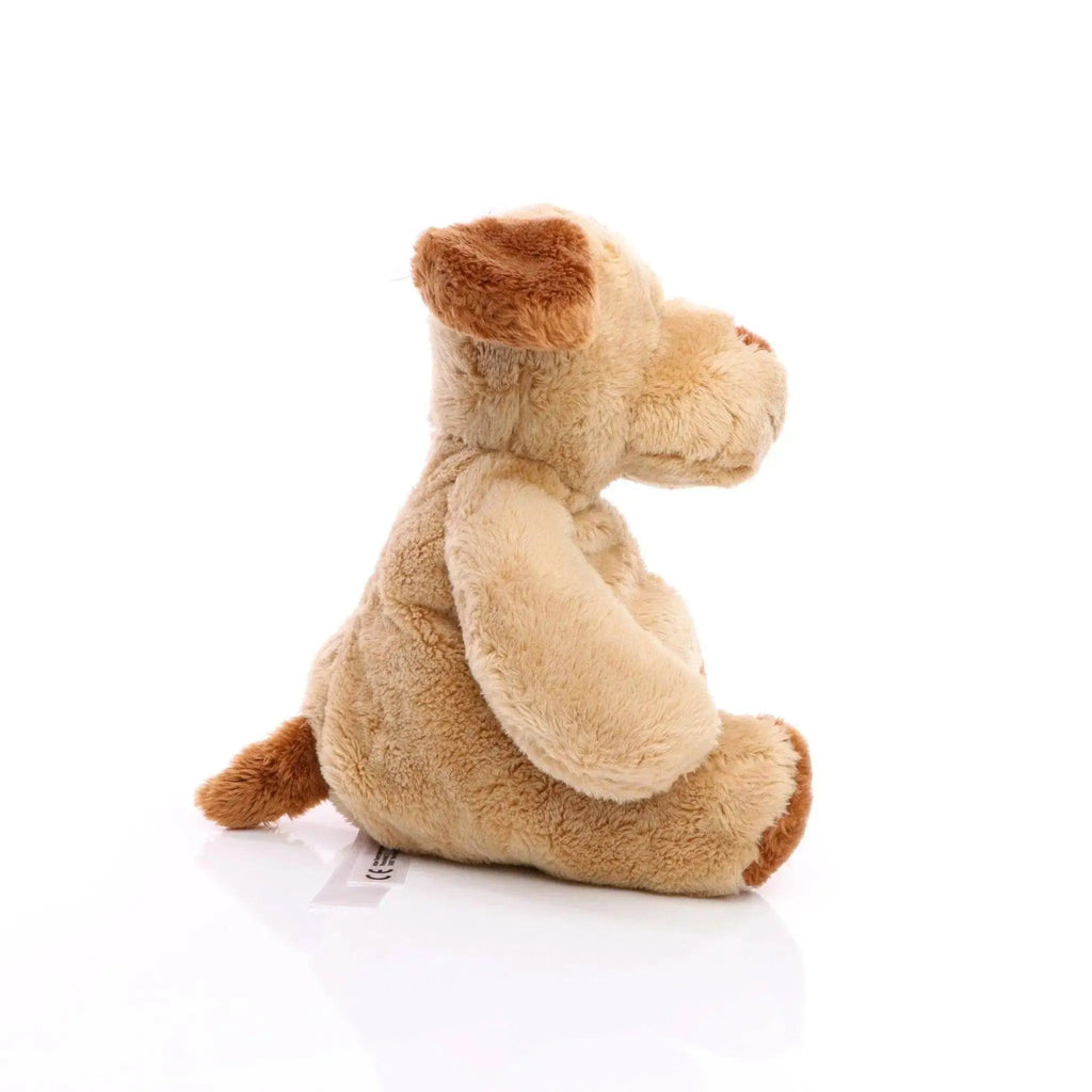 Weicher hund helge plüschhund mit oeko-tex-zertifikat in beige mit braunen ohren und schwanz aus stoff