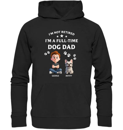 Schwarzer kapuzenpullover mit weißem cartoon hunde-papa motiv und personalisierten namen aus der statement-collection