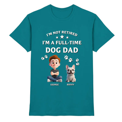 Petrolfarben baumwoll t shirt mit cartoon mann und französische bulldogge samt pfotenabdrücken und hunde papa statement text