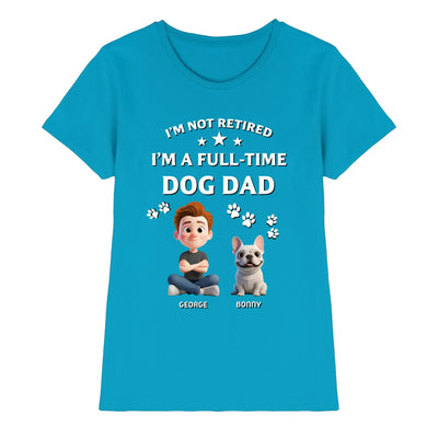 Knallblaues damen kurzarmshirt mit cartoonmotiv mann und französische bulldogge und personalisierten namen darunter