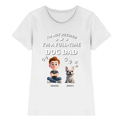 Weißer baumwoll t shirt mit cartoon von mann und französischer bulldogge spruch full time dog dad und personalisierte namen