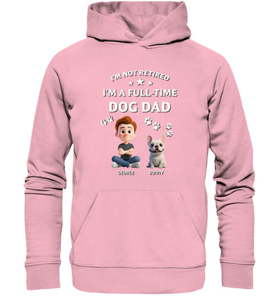 Pink kapuzenpullover mit cartoon von mann und französischer bulldogge und text ich bin kein ruheständler ich bin vollzeit hundepapa