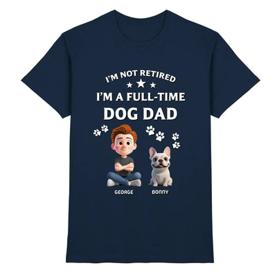 Marine blaue baumwoll t shirt mit cartoon mann und französische bulldogge und text ich bin kein rentner sondern vollzeit hundepapa