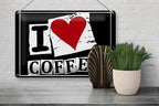 Schwarzes rechteckiges blechschild 20x30cm mit rotem herz und weißem i love coffee text