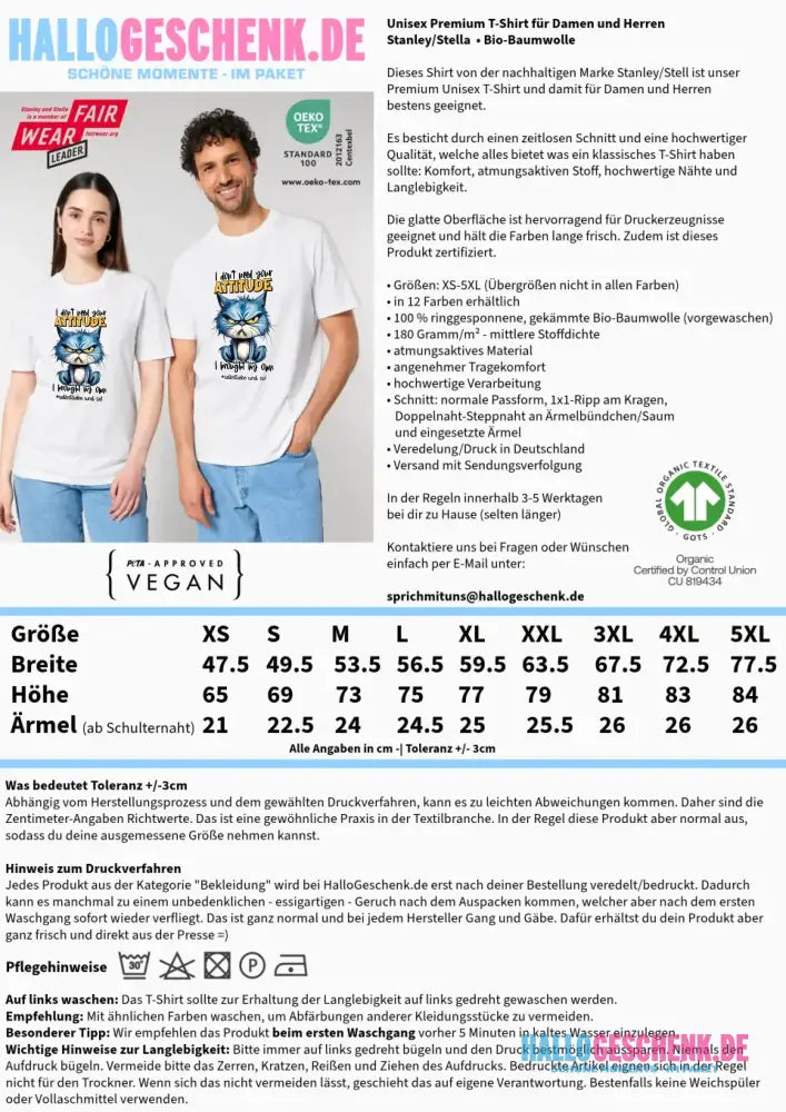 Ich brauche deine Meinung nicht - ich habe meine eigene • Katze • Unisex Premium T-Shirt XS-5XL aus Bio-Baumwolle für Damen & Herren • Exklusivdesign • personalisiert