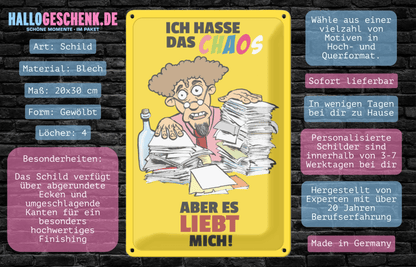 Ich hasse Chaos • Blechschild mit Motiv • 20x30 cm Hochformat - HalloGeschenk.de