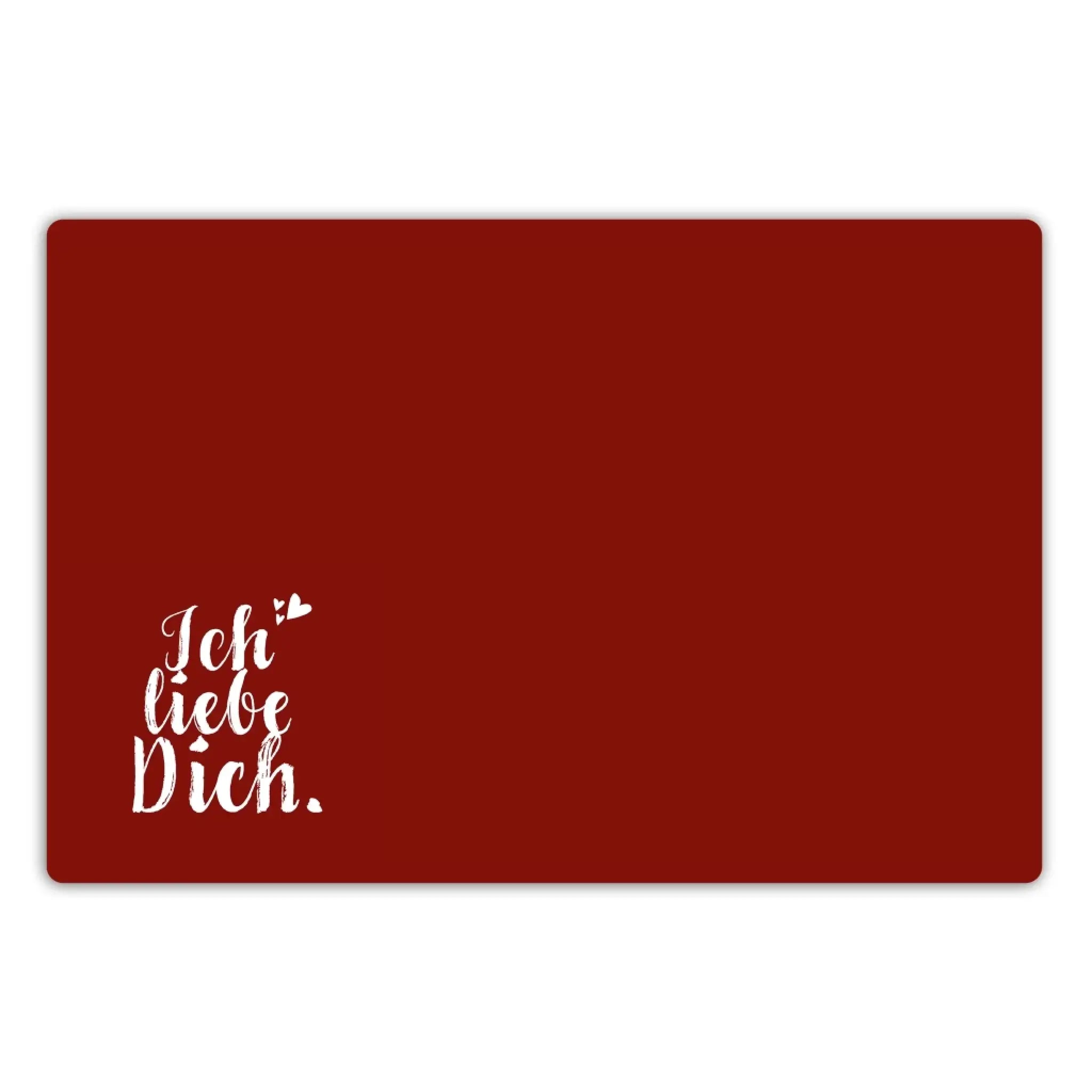 Rechteckige rote schreibtischunterlage 60x40 cm mit ich liebe dich in weißer kalligraphie und kleinem herz symbol