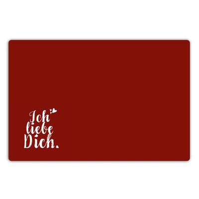 Rechteckige rote schreibtischunterlage 60x40 cm mit ich liebe dich in weißer kalligraphie und kleinem herz symbol