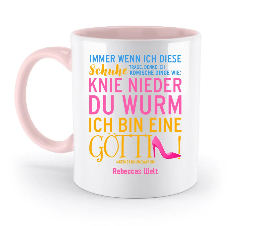 Weiße keramik-tasse mit pinkem griff und innenfarbe mit buntem deutschen text und high heel grafik aus der immer wenn ich schuhe kollektion