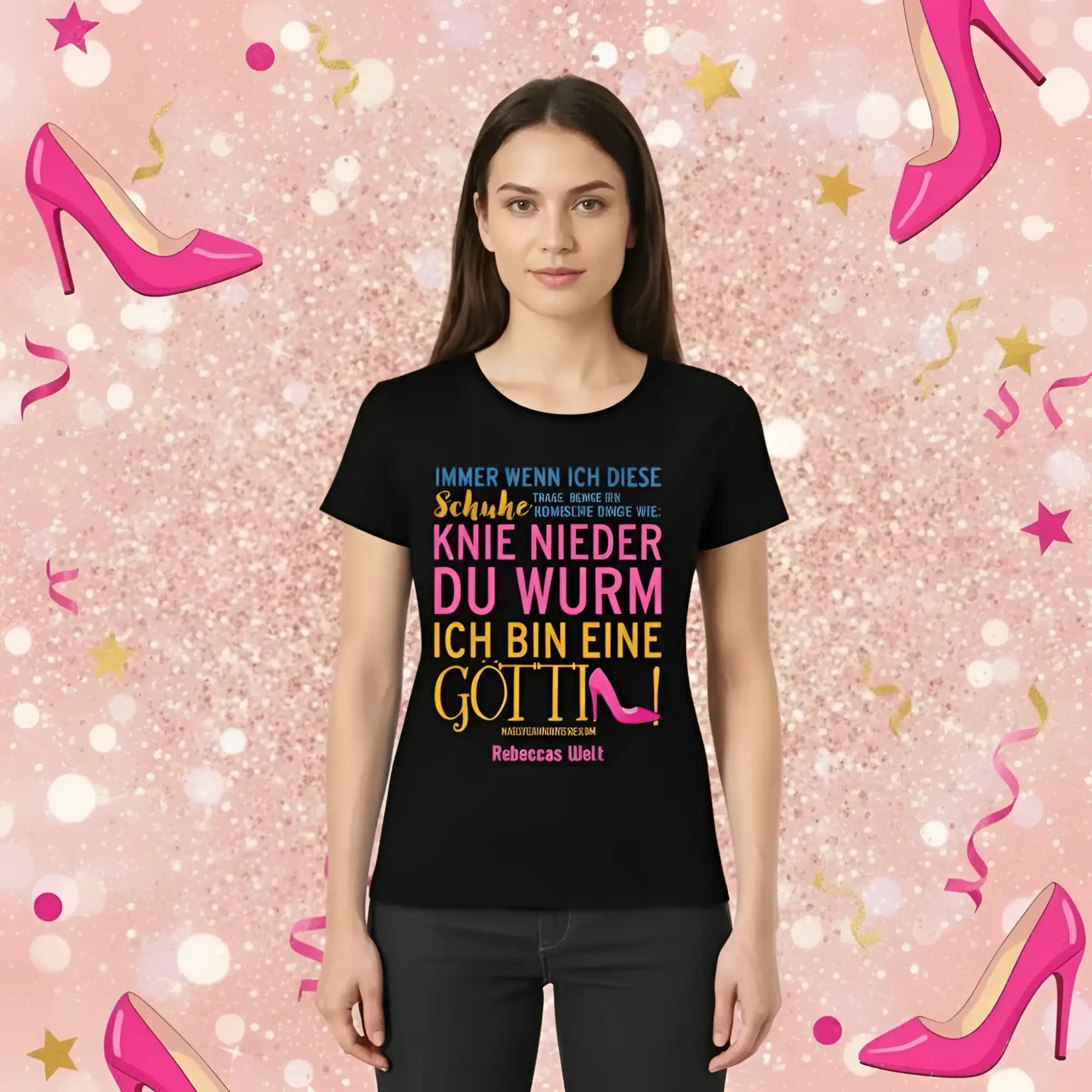 Schwarzes t-shirt mit buntem deutschen text und pinken high heel schuh grafik aus der immer wenn ich kollektion
