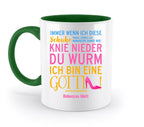 Weiß keramiktasse mit grünem griff und innenseite mit buntem deutscher text und pinkem high heel motiv