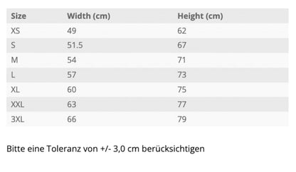 Größe tabelle mit maßen von xs bis 3xl in cm für schuhe aus der immer wenn ich kollektion mit wunschtext