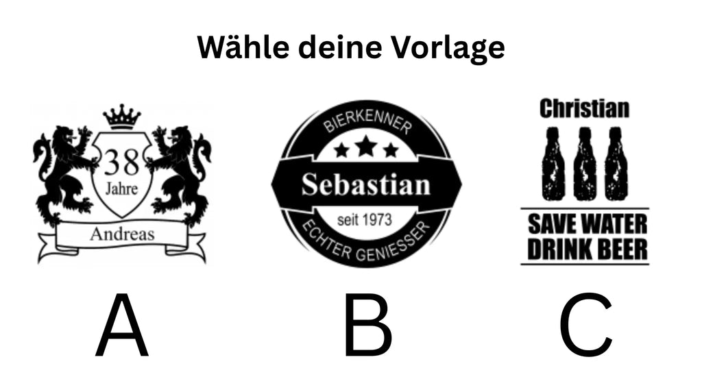 Schwarz weiße logo designs a b und c zur auswahl für individuelles pilsglas 330 ml mit gravur im 6er set