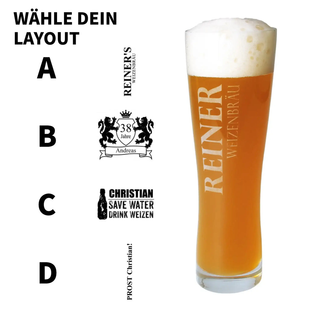 Individuelles weizenbierglas 500 ml aus klarem glas mit gravur gefüllt mit bernsteinfarbenem weizenbier und schaumkrone