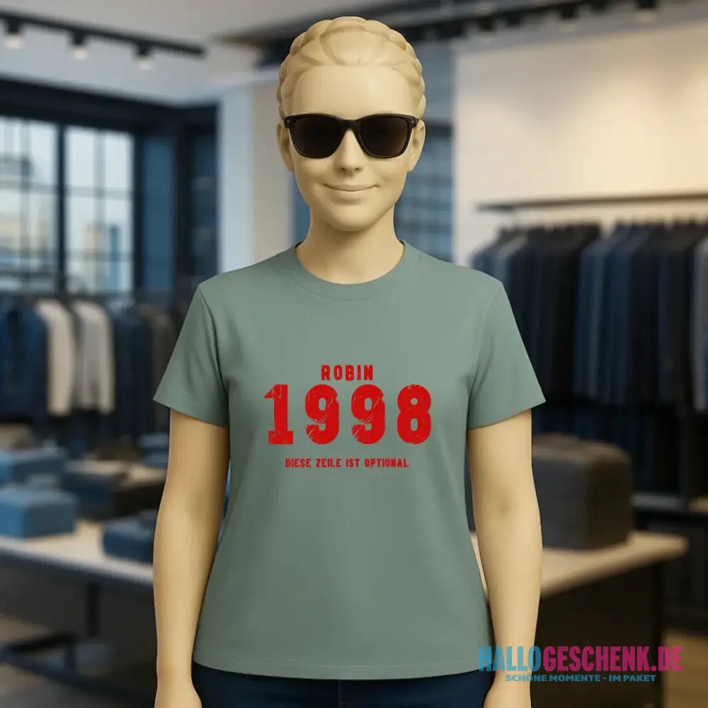 JAHRGANG mit NAME + WUNSCHTEXT • Ladies Premium T-Shirt XS-2XL aus Bio-Baumwolle für Damen • Exklusivdesign • personalisiert
