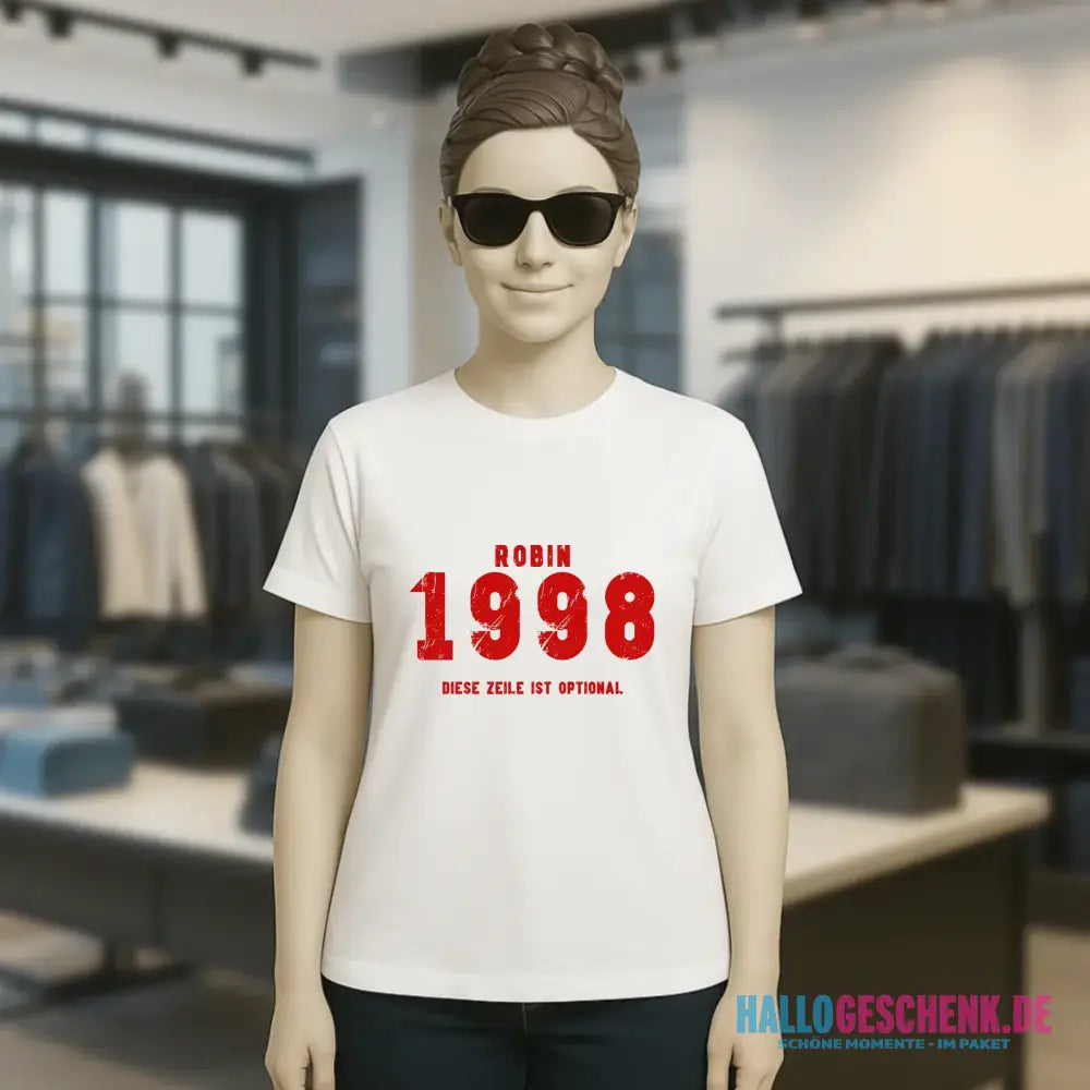JAHRGANG mit NAME + WUNSCHTEXT • Ladies Premium T-Shirt XS-2XL aus Bio-Baumwolle für Damen • Exklusivdesign • personalisiert