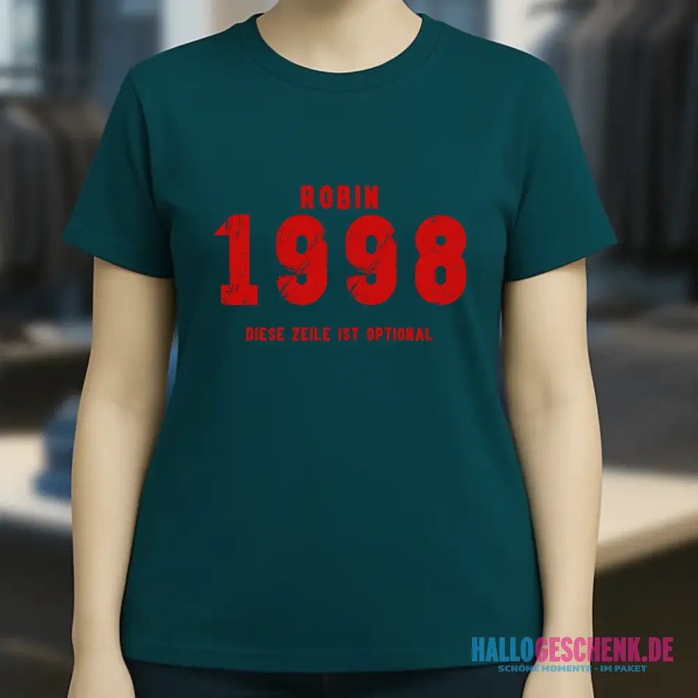 JAHRGANG mit NAME + WUNSCHTEXT • Ladies Premium T-Shirt XS-2XL aus Bio-Baumwolle für Damen • Exklusivdesign • personalisiert