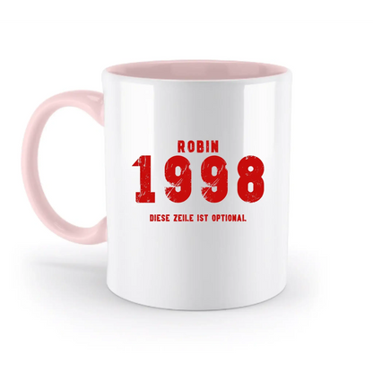 JAHRGANG mit NAME + WUNSCHTEXT • zweifarbige Tasse • Exklusivdesign • personalisiert