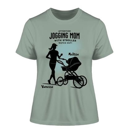 Jogging Mom mit Kinderwagen • Mama + Text • Wunschnamen • Ladies Premium T-Shirt XS - 2XL aus Bio - Baumwolle für Damen • Exklusivdesign • personalisiert von HalloGeschenk.de