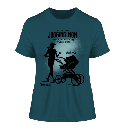 Jogging Mom mit Kinderwagen • Mama + Text • Wunschnamen • Ladies Premium T-Shirt XS - 2XL aus Bio - Baumwolle für Damen • Exklusivdesign • personalisiert von HalloGeschenk.de