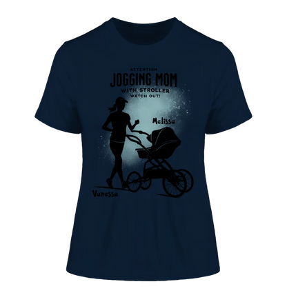 Jogging Mom mit Kinderwagen • Mama + Text • Wunschnamen • Ladies Premium T-Shirt XS - 2XL aus Bio - Baumwolle für Damen • Exklusivdesign • personalisiert von HalloGeschenk.de