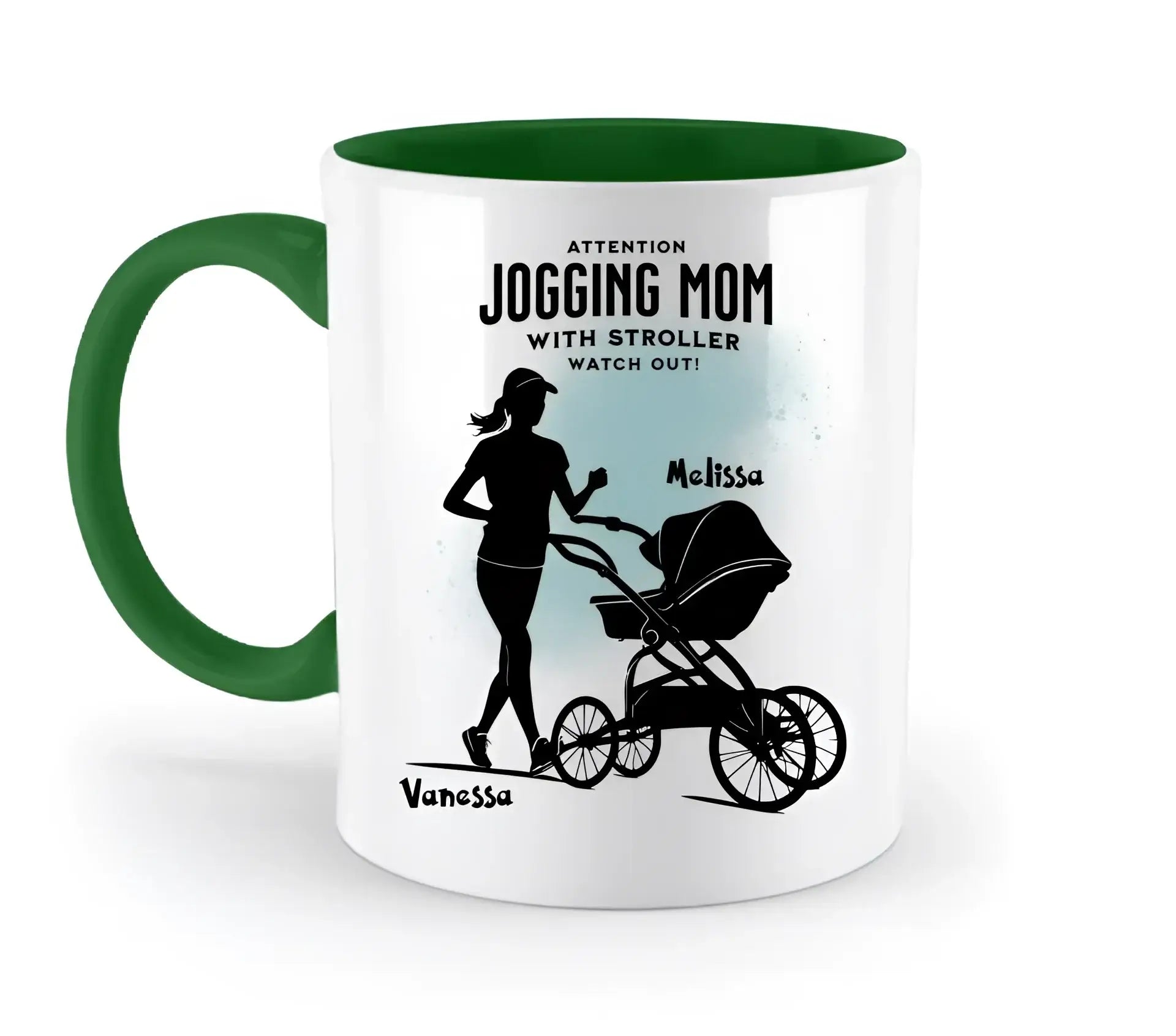 Jogging Mom mit Kinderwagen • Mama + Text • Wunschnamen • zweifarbige Tasse (spülmaschinengeeignet) • Exklusivdesign