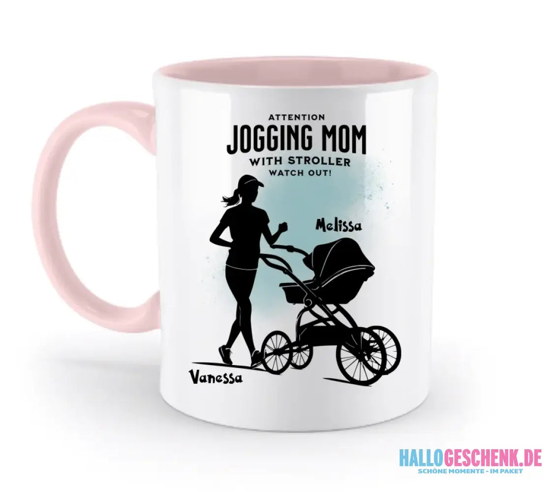 Jogging Mom mit Kinderwagen • Mama + Text • Wunschnamen • zweifarbige Tasse (spülmaschinengeeignet) • Exklusivdesign
