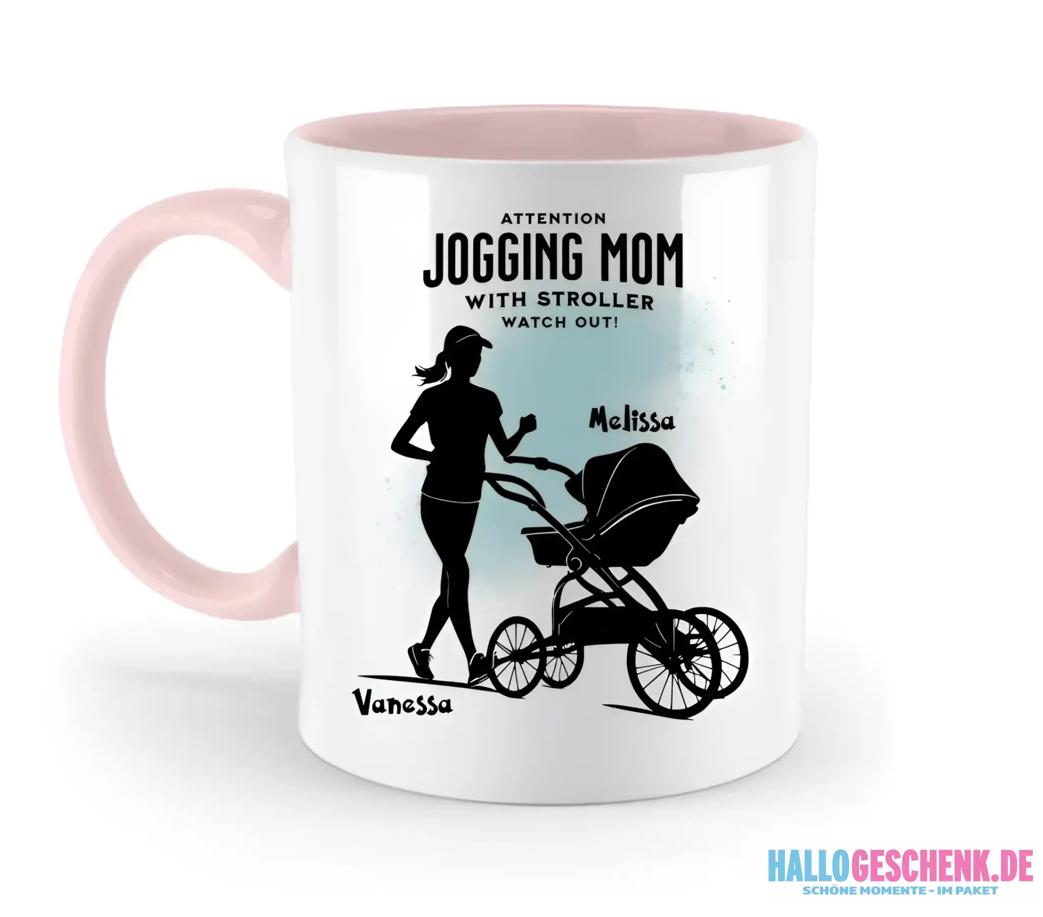 Jogging Mom mit Kinderwagen • Mama + Text • Wunschnamen • zweifarbige Tasse (spülmaschinengeeignet) • Exklusivdesign