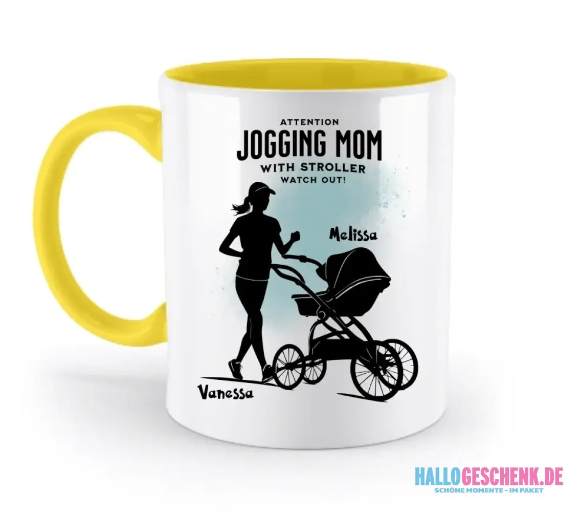 Jogging Mom mit Kinderwagen • Mama + Text • Wunschnamen • zweifarbige Tasse (spülmaschinengeeignet) • Exklusivdesign