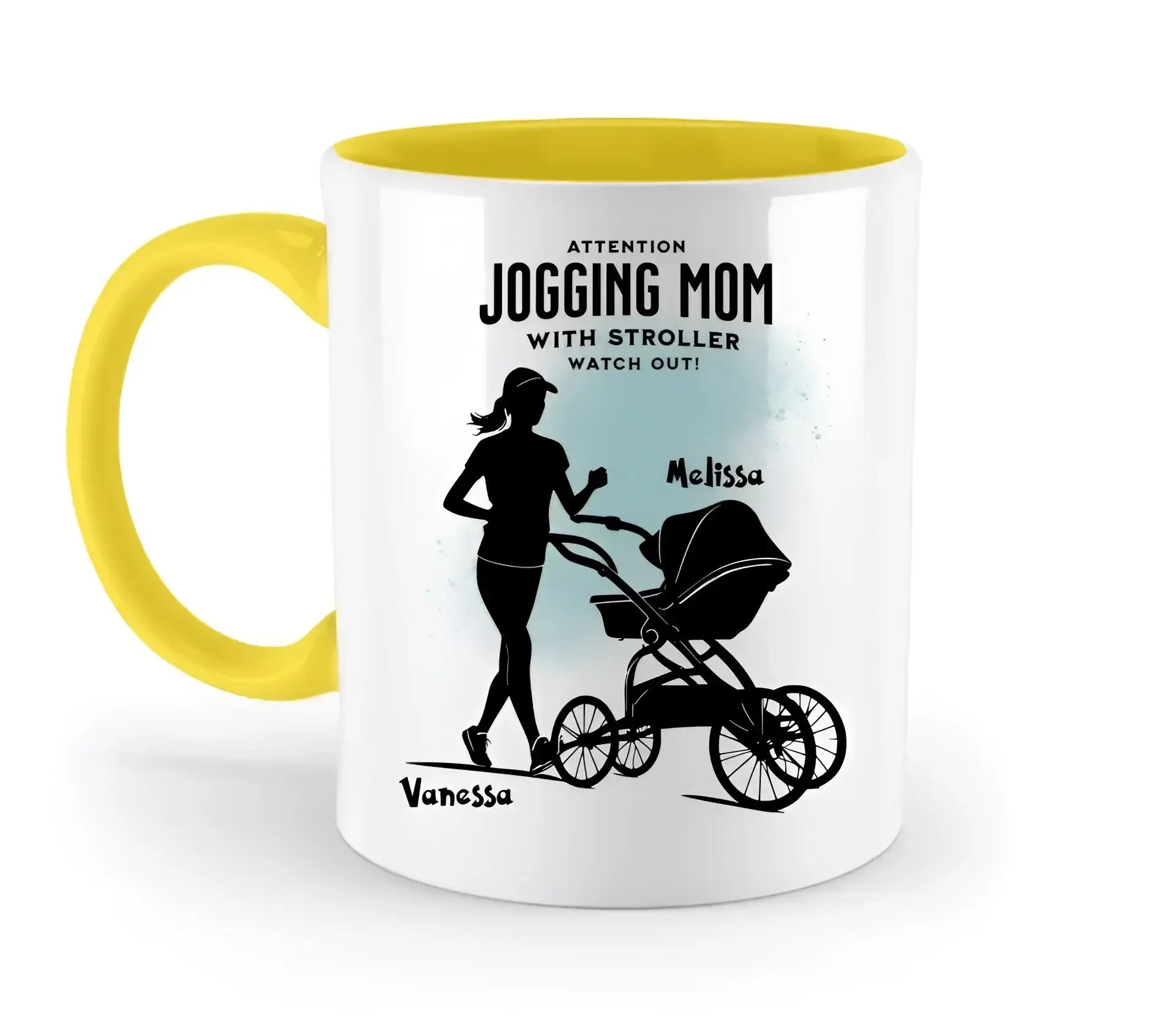 Jogging Mom mit Kinderwagen • Mama + Text • Wunschnamen • zweifarbige Tasse (spülmaschinengeeignet) • Exklusivdesign